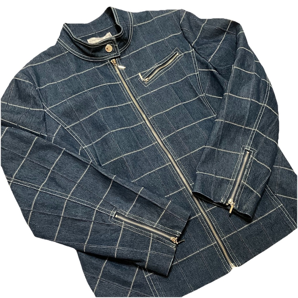 Denim Moto Jacket Grid Pattern Full Zip Long Biker Y2K Grunge Susan Graver 90's